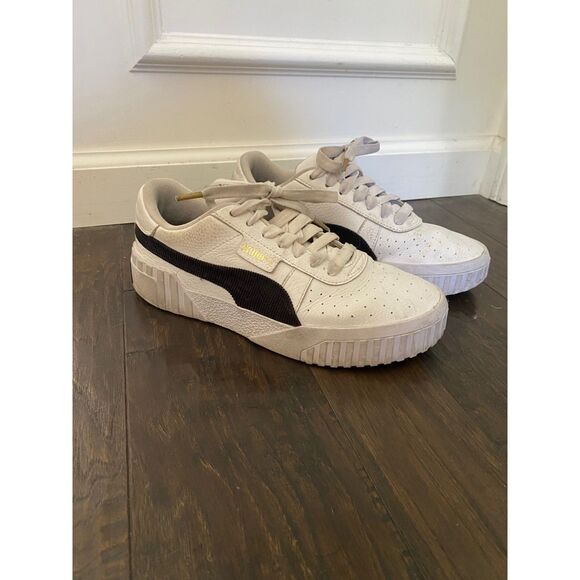 EUC Puma Cali White Leather Black Stripe Sneakers 8.5 - Picture 1 of 6